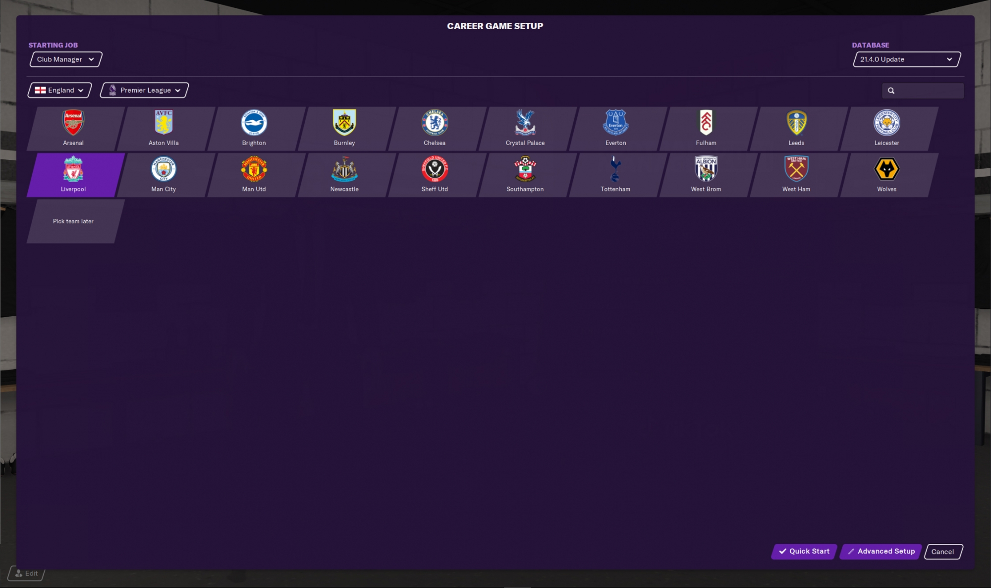 Quick start in Football Manager 2021